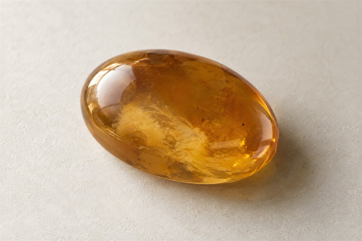 Close view of a honey-colored cabochon with a soft cloudy area.