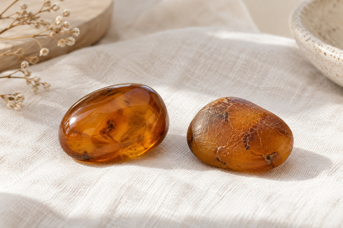 Two amber-colored resin pebbles with a smooth surface and a lightly weathered surface.