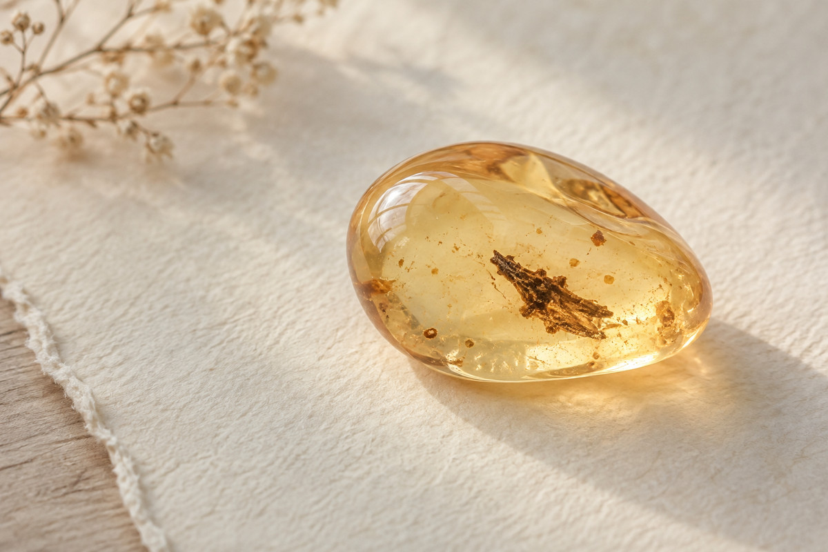 A translucent resin pebble containing a small irregular brown plant fragment.