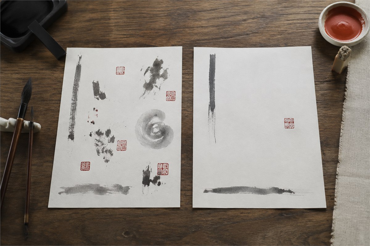 Two practice compositions comparing crowded red impressions with one balanced corner seal