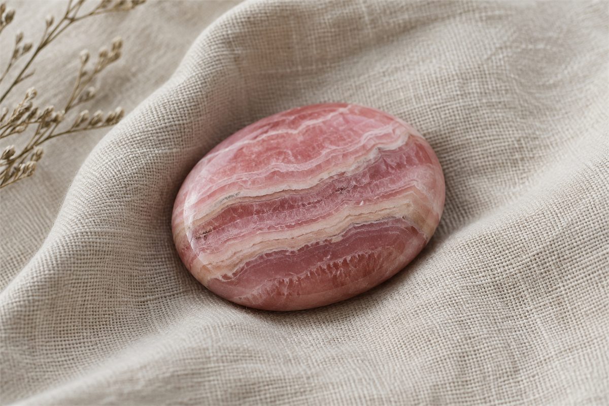 A banded pink and cream rhodochrosite stone in a soft linen pocket.