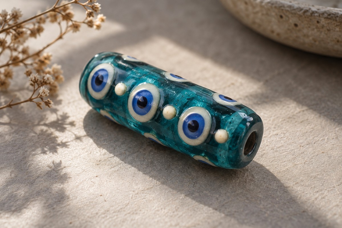 Teal tubular glass bead with alternating cream dots and blue-and-cream eye motifs.
