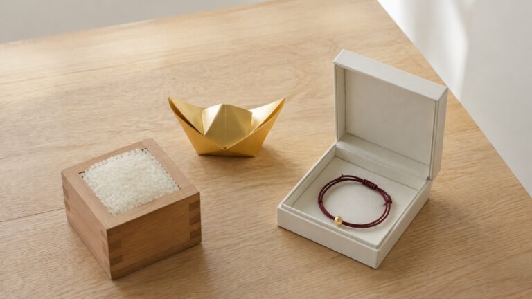 A rice measure, paper ingot and small gift box form a quiet prosperity still life.