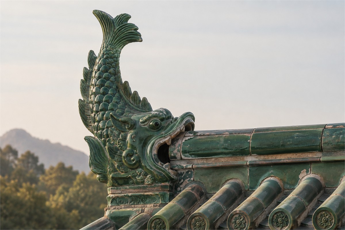 Green glazed fish-dragon ornament clasping the end of a horizontal roof ridge.