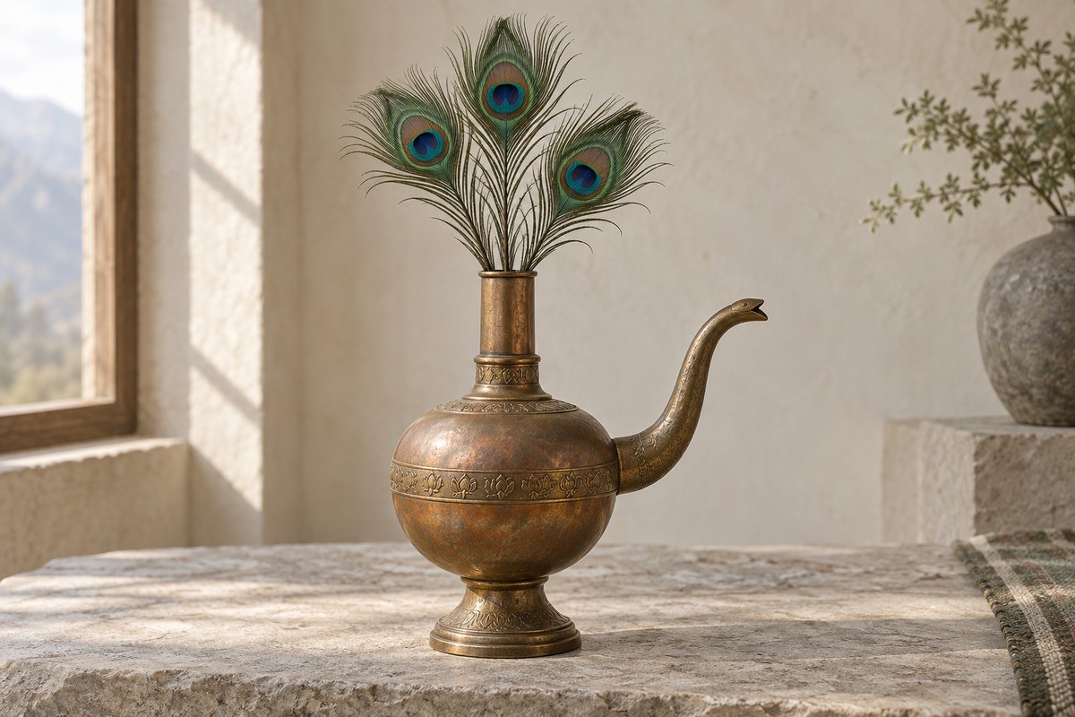 Rounded metal vessel with a side spout and peacock feathers rising from its top.