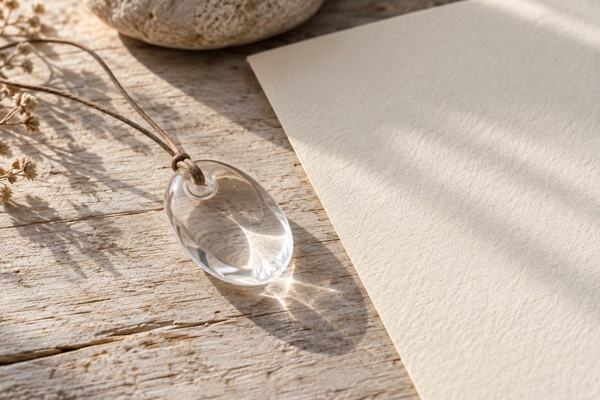 Clear carved quartz keepsake catching soft window light