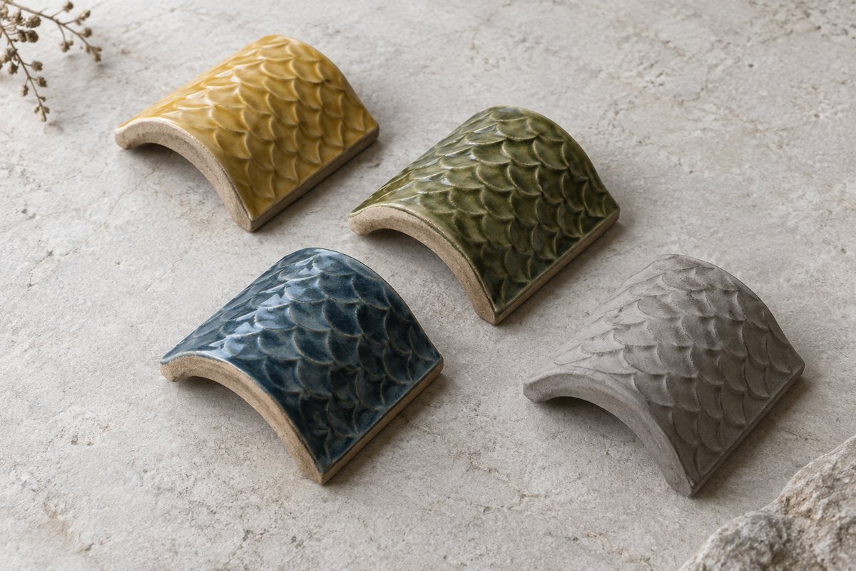Yellow green blue and unglazed gray ceramic roof samples in natural daylight
