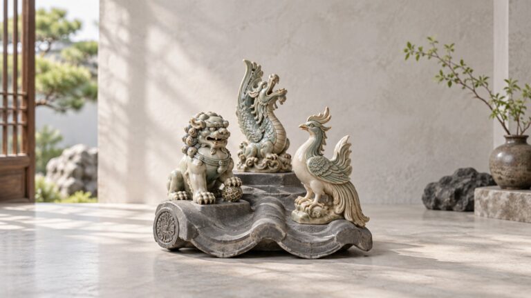 Lion, phoenix and dragon-inspired ceramic miniatures grouped on gray tiles in soft daylight.