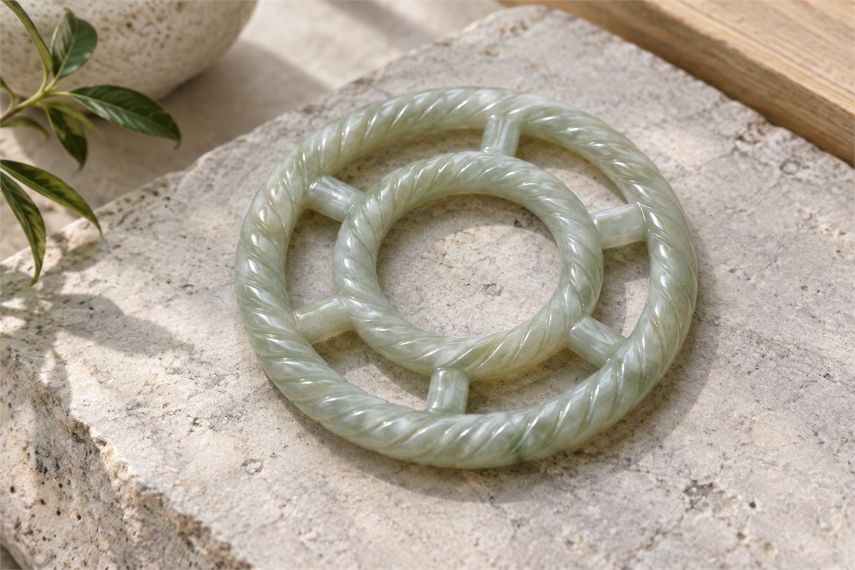 Two concentric jade rings with rope-like carving join through small bridges.