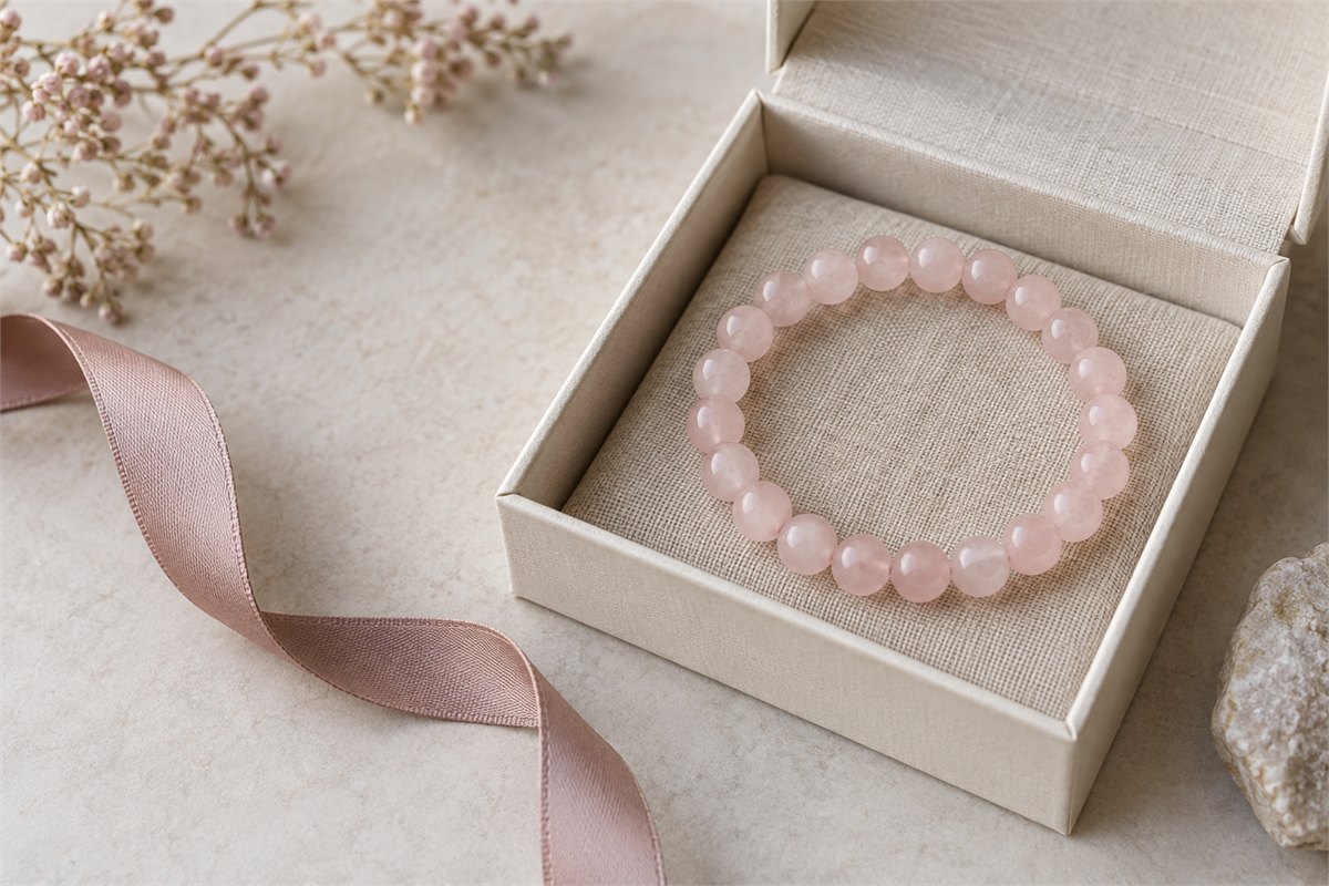 A pale rose quartz bracelet in an open ivory gift box.