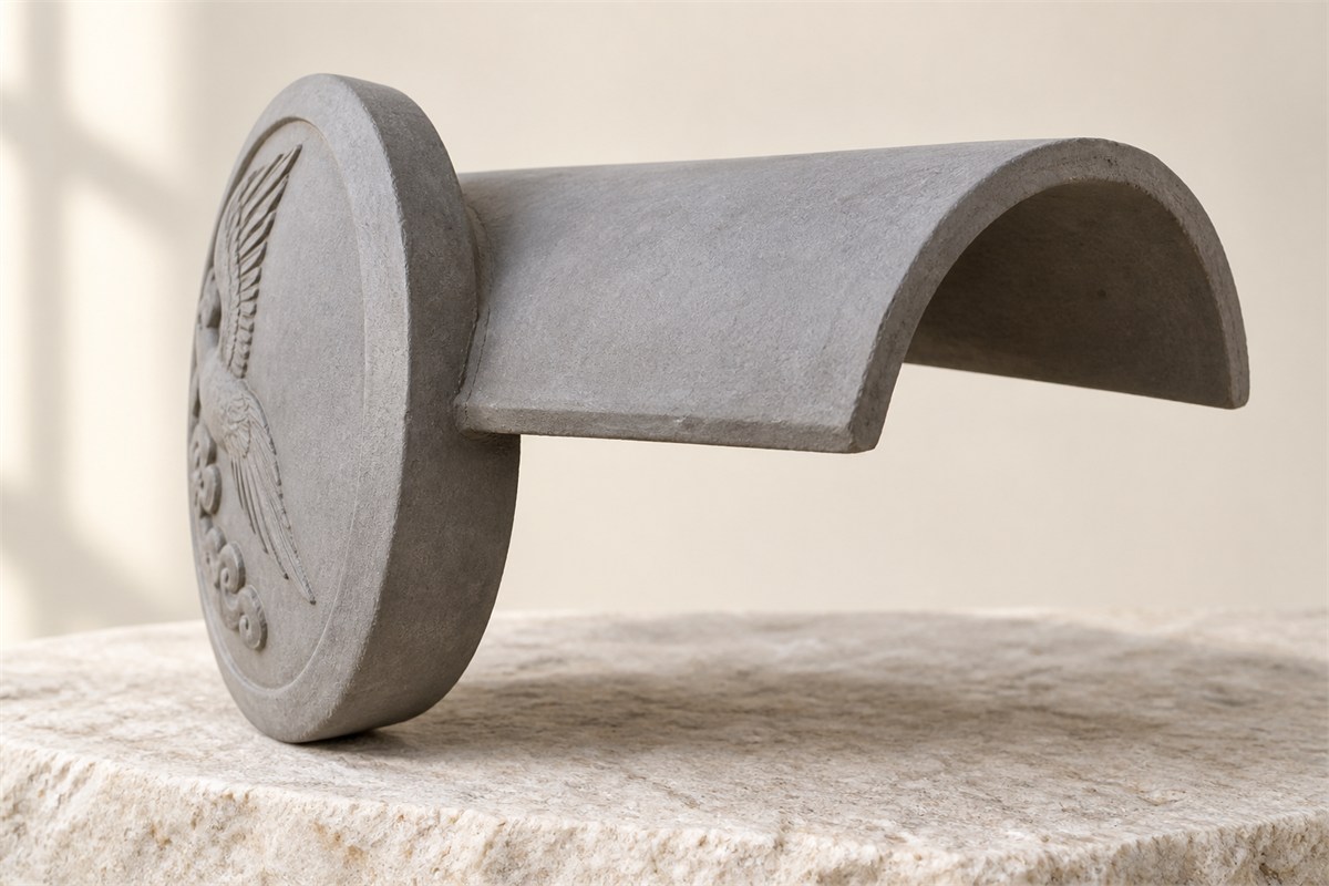 Oblique view of a modern clay roof-tile model with a round terminal face and attached curved body.