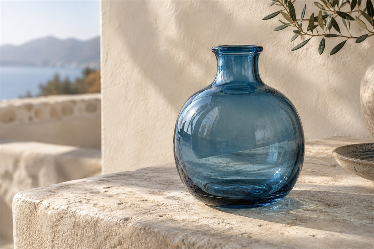 Rounded blue glass bottle with a short neck and visible hollow interior.