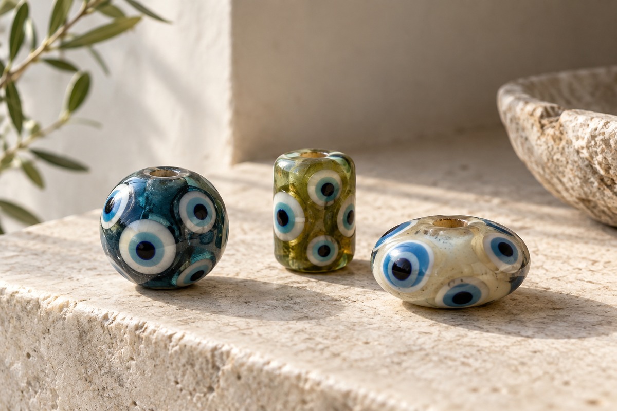 Round, cylindrical and flattened oval glass eye beads in blue, olive and cream on pale stone.