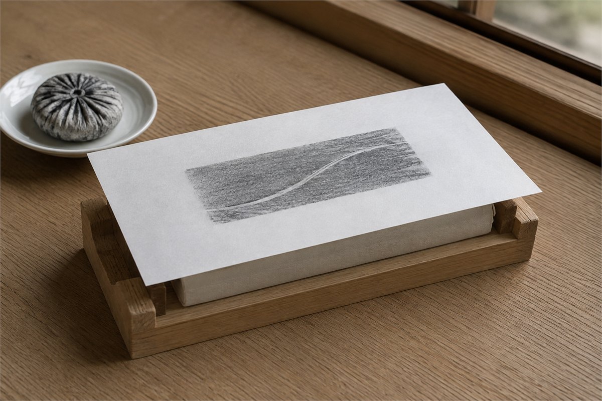 Paper with a gray rubbing and a pale curved line over a supported practice block, beside a rubbing pad.