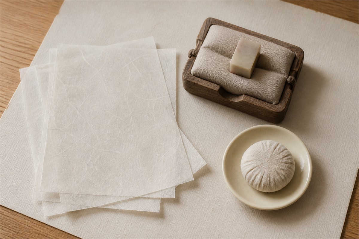 Thin paper sheets, a cloth rubbing pad on a saucer, and a small seal blank on a cushion.