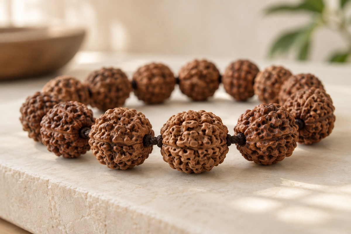 A clean Rudraksha bracelet arranged to show cord entry points and bead surfaces.