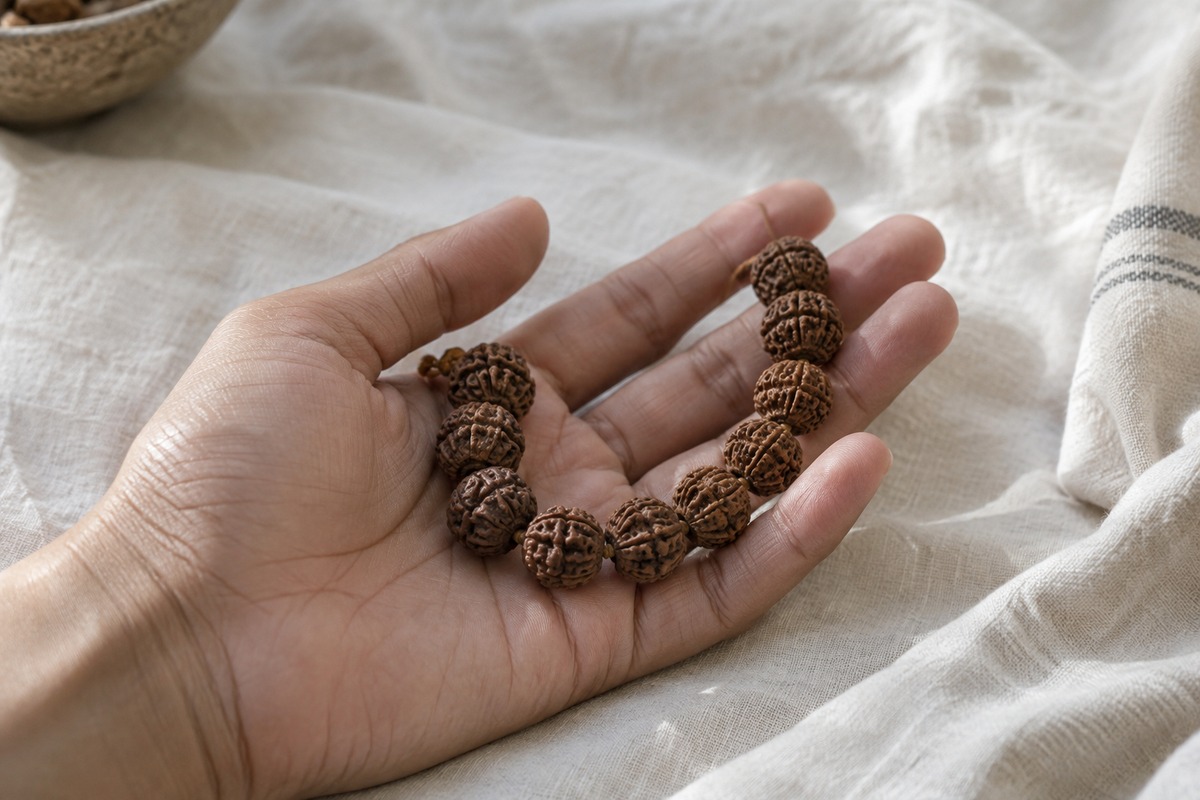 A curved strand of brown Rudraksha beads resting in an open palm.