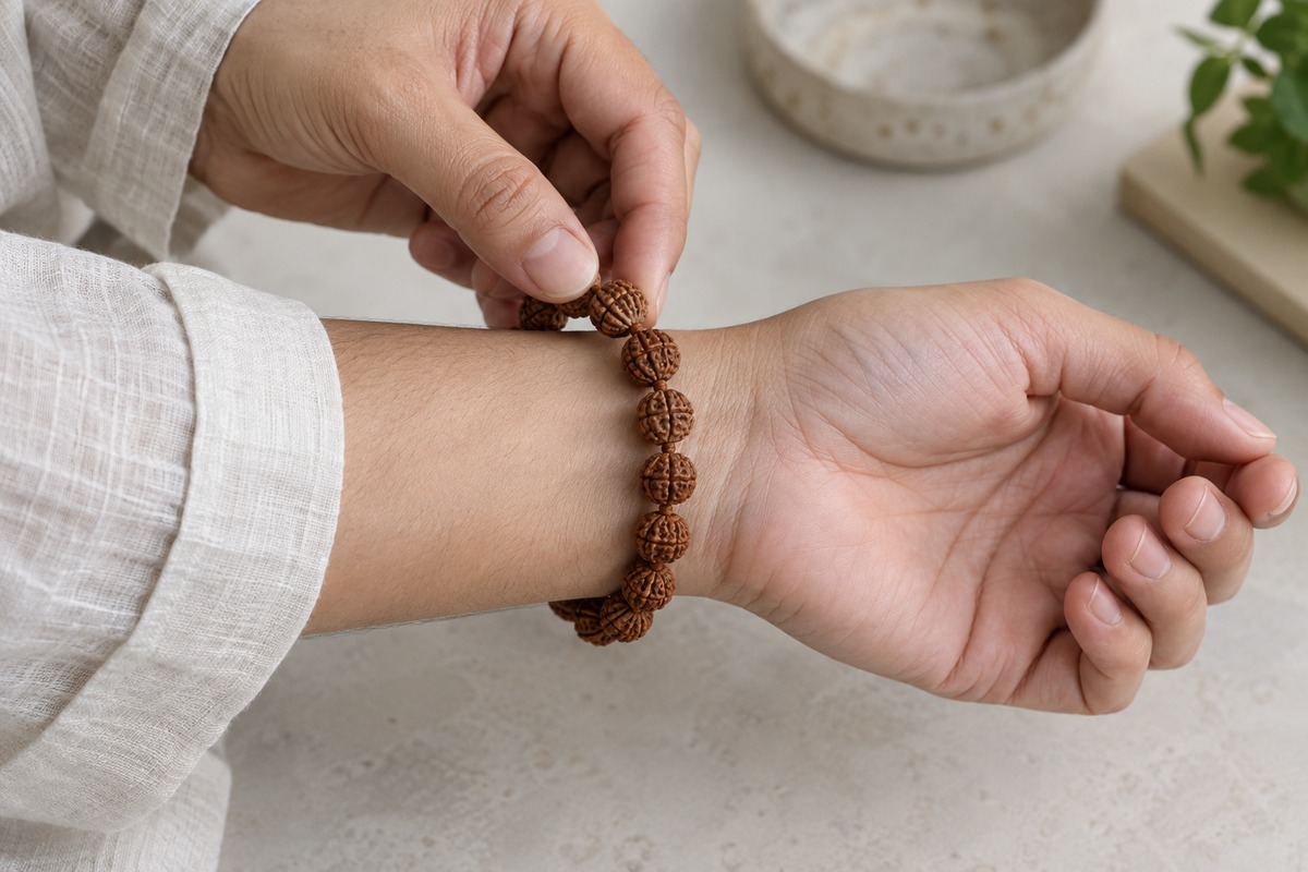 A hand gently lifts a Rudraksha bracelet to check looseness around the wrist.