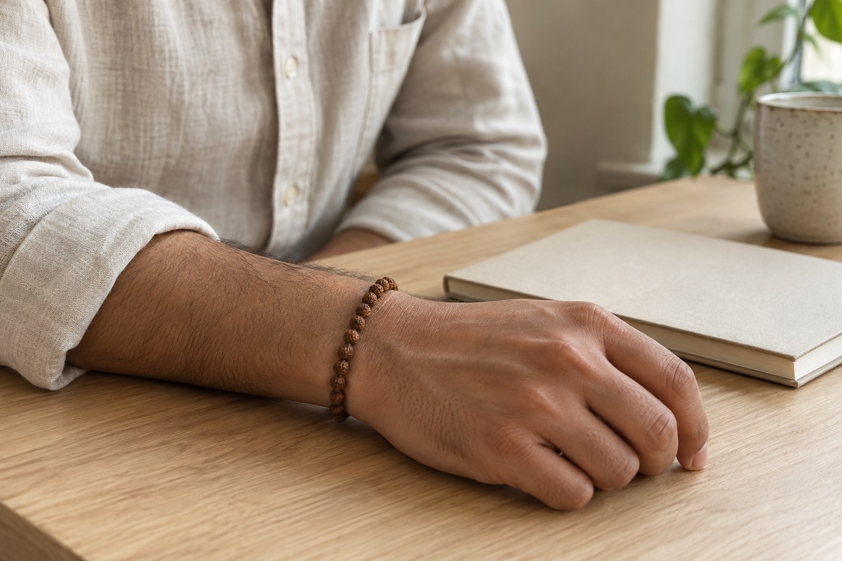 A small Rudraksha bracelet worn on a relaxed wrist beside a notebook.