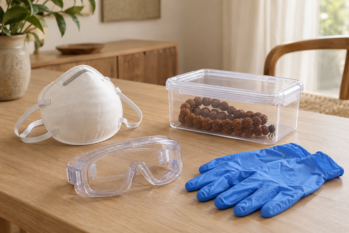 Plain cup respirator, protective goggles, and gloves beside a closed bead container.