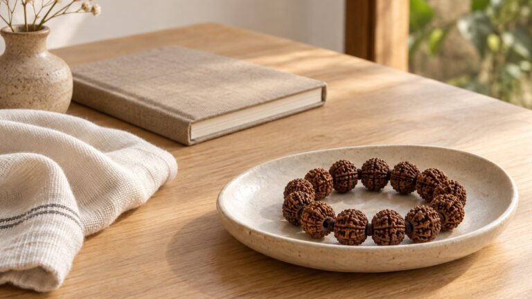 Rudraksha bracelet on a pale ceramic dish beside a folded cloth and closed keepsake notebook.