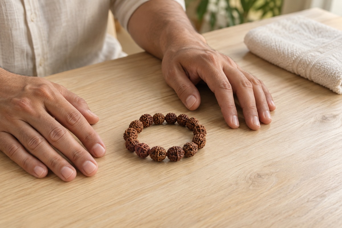 Dry hands resting beside a clean Rudraksha bracelet and folded hand towel.