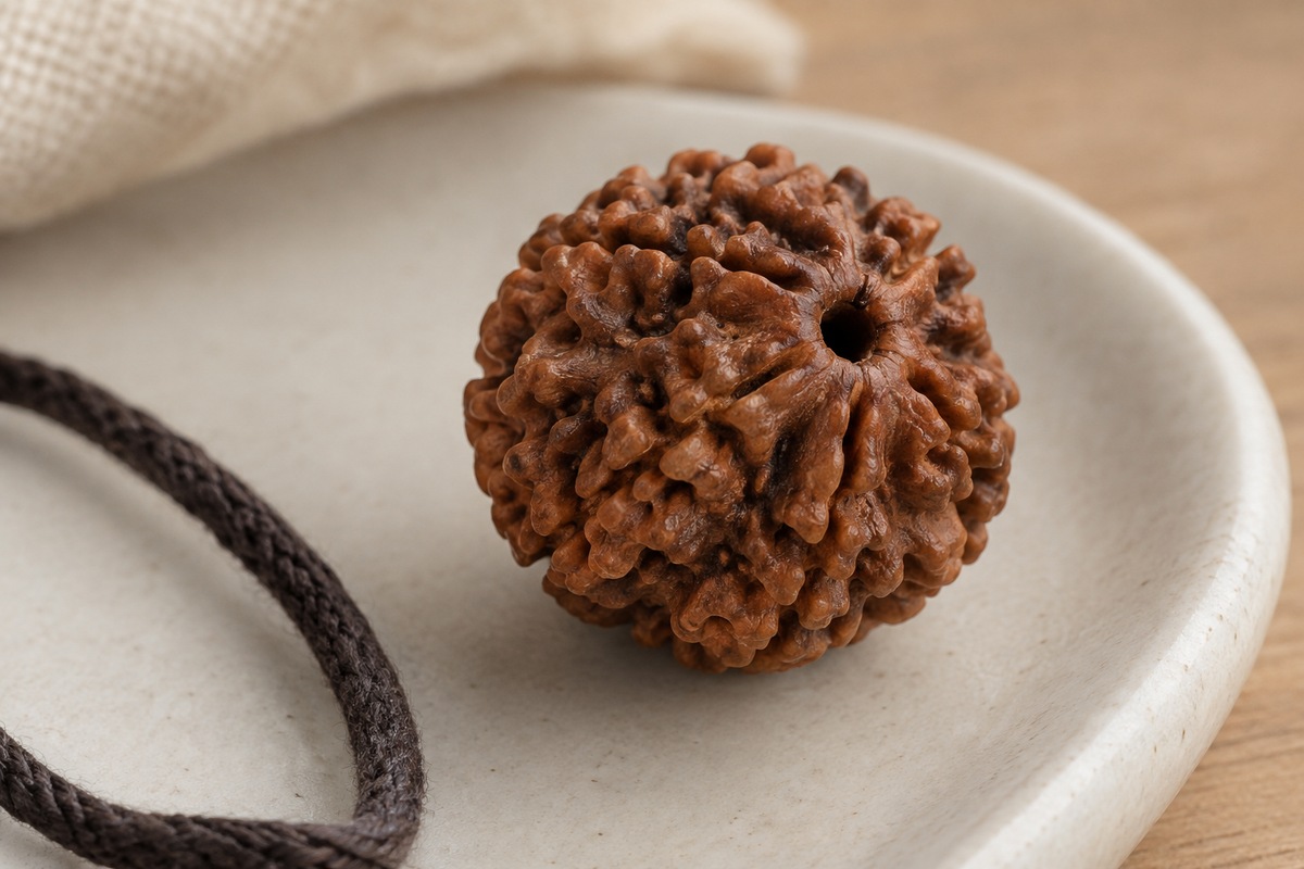 Close view of a brown Rudraksha bead showing deep ridges and a drilled opening.