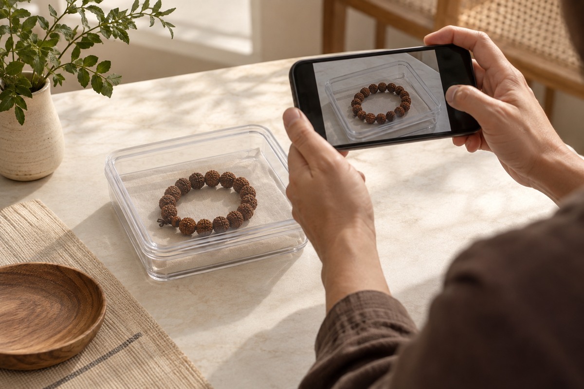 A phone camera held above a Rudraksha bracelet inside a clear closed container.