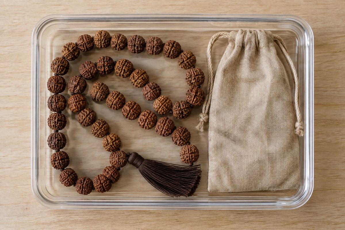 A Rudraksha strand, cord tassel, and fabric pouch enclosed together in a clear container.