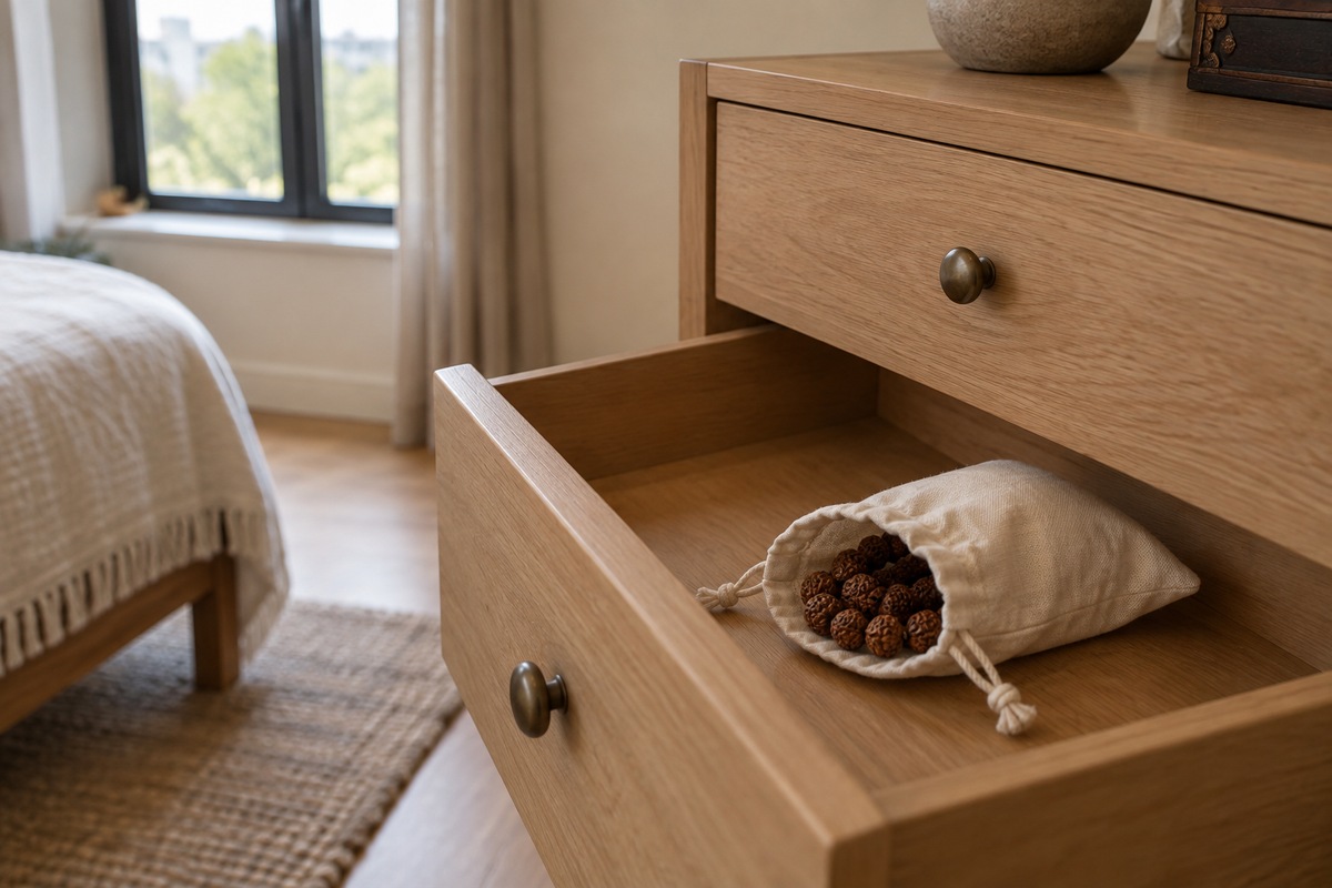 A plain bead pouch in a tidy wooden drawer away from a softly lit window.