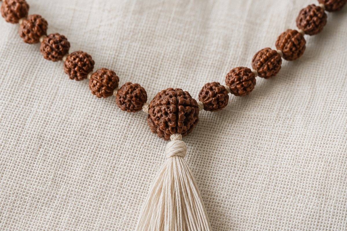 Two sides of a Rudraksha strand meet at a larger bead above a cream tassel.
