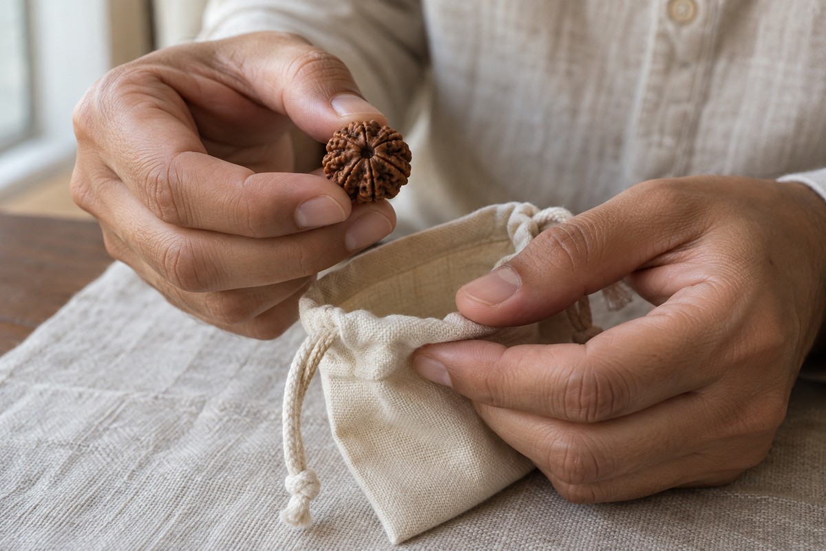 An adult holds a single Rudraksha bead above an open cotton pouch.