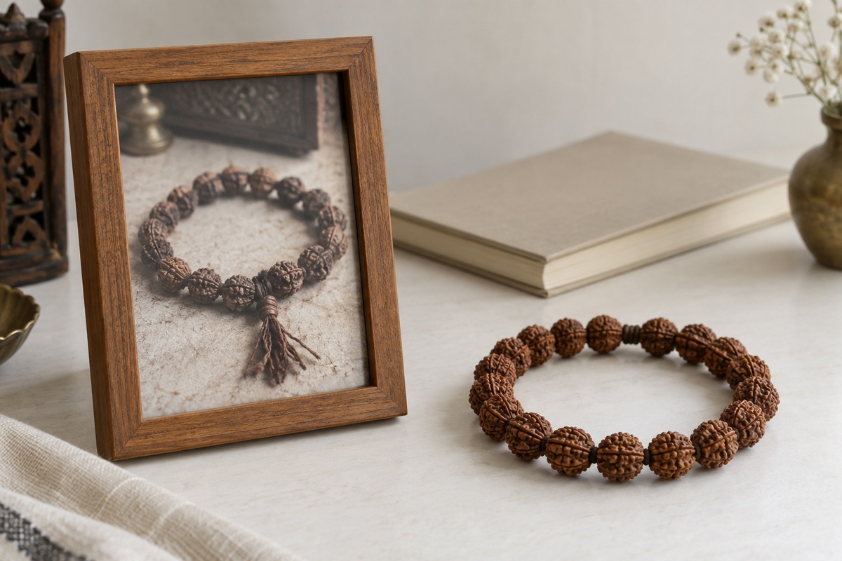 A framed photograph of an older Rudraksha strand beside a closed notebook and a clean replacement bracelet.