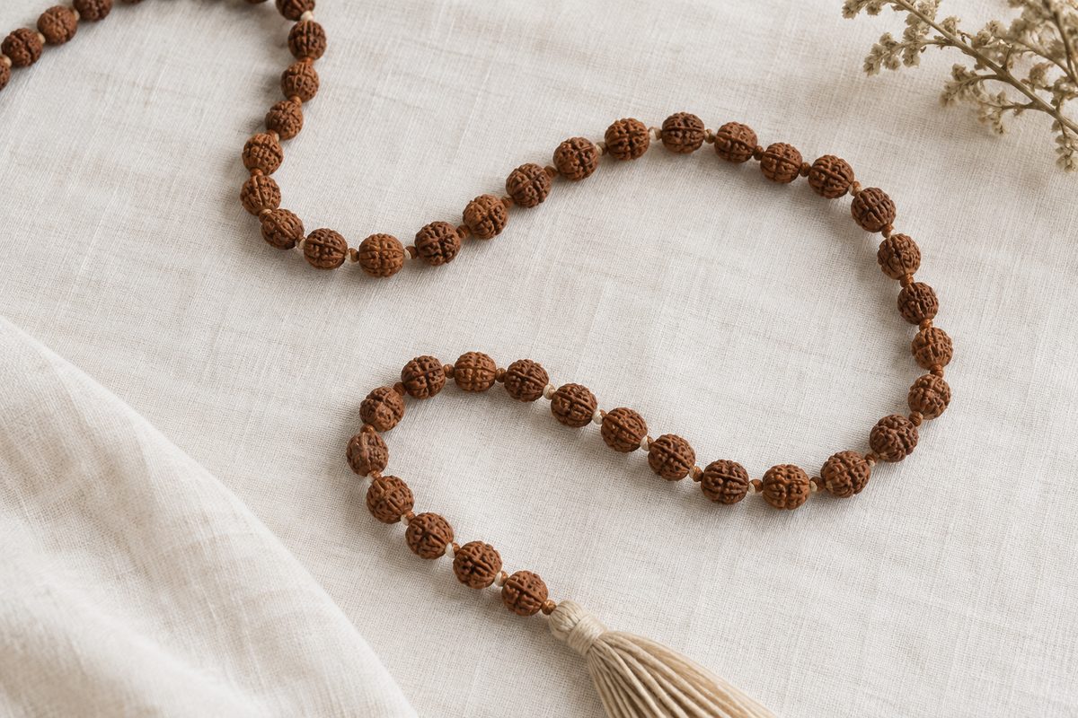A long Rudraksha strand curves across ivory linen with a plain cotton tassel.