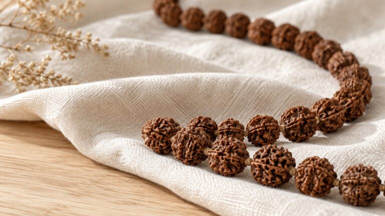 A curved natural Rudraksha strand across softly folded ivory linen and pale wood.