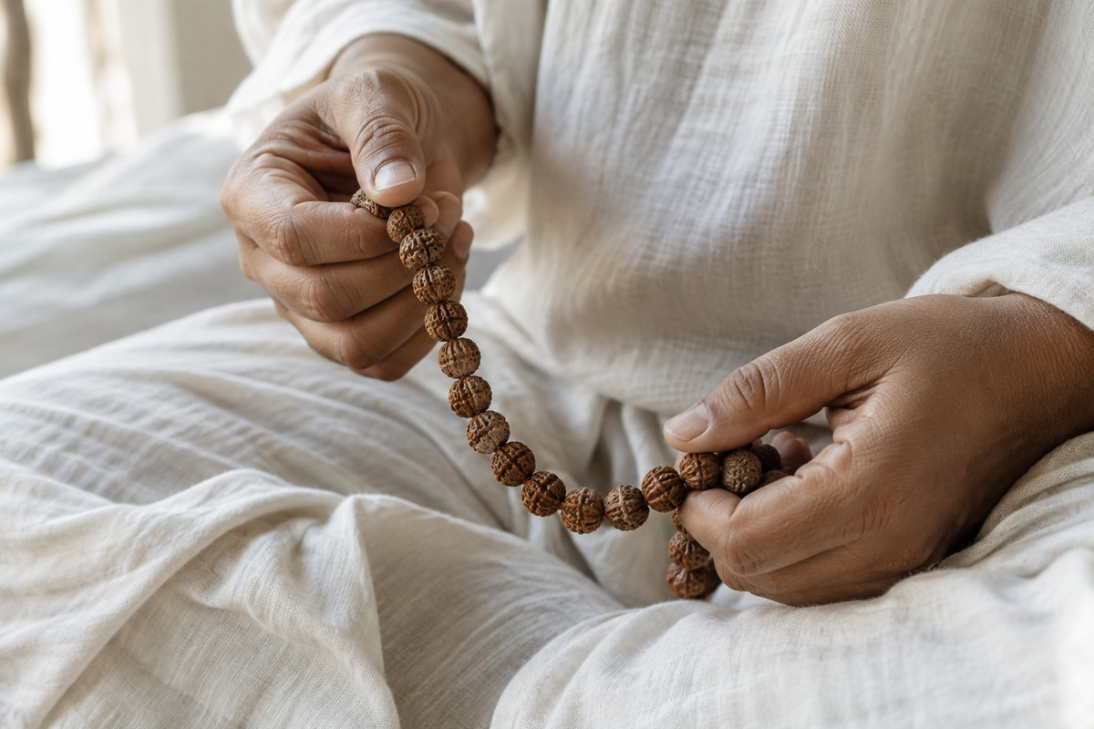 An adult gently holding a brown Rudraksha strand with both hands.