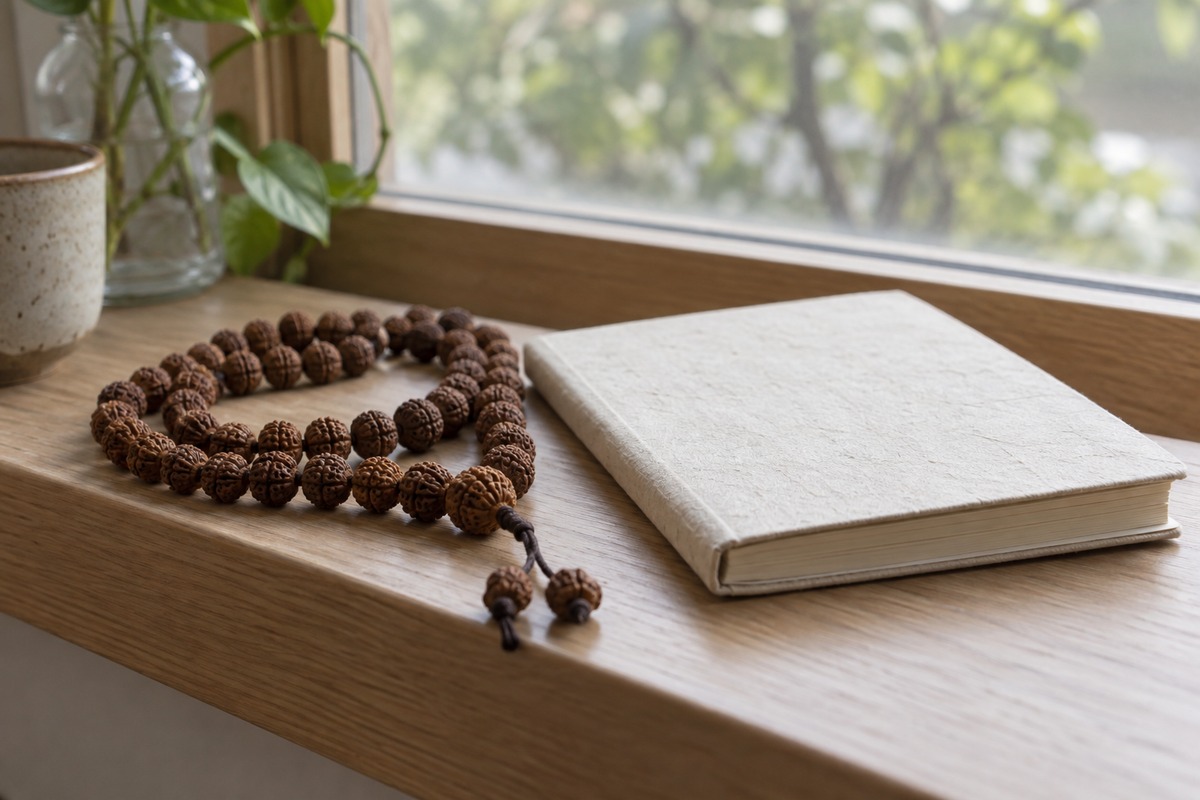 Rudraksha beads beside a plain notebook on a light wooden windowsill.