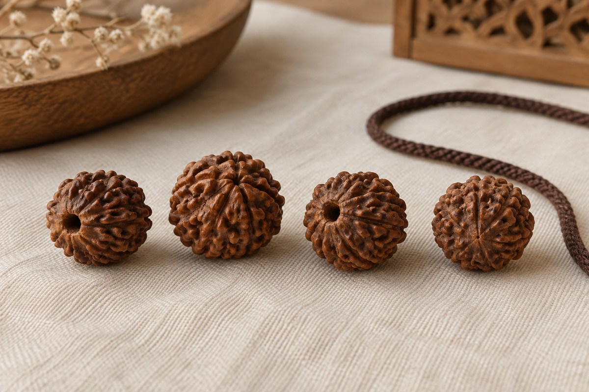 Several clean Rudraksha beads with varied brown tones and visible drill holes beside new cord.