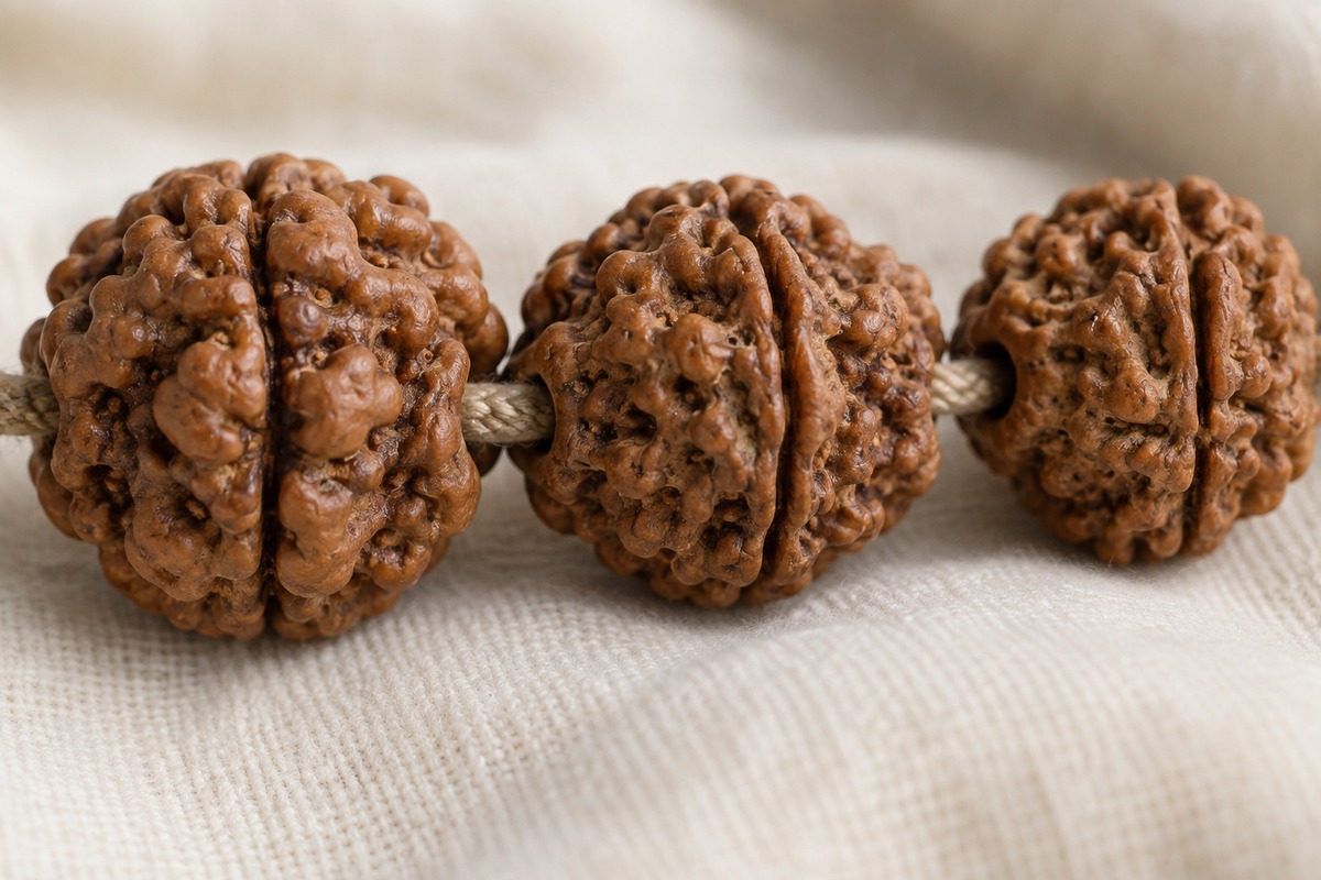 Close view of three Rudraksha beads with rounded contours, deep clefts, and tan cord.