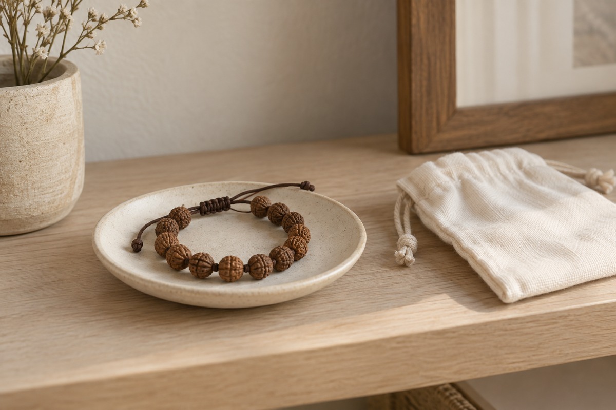 A short adjustable Rudraksha bracelet on a ceramic dish beside a cotton pouch.
