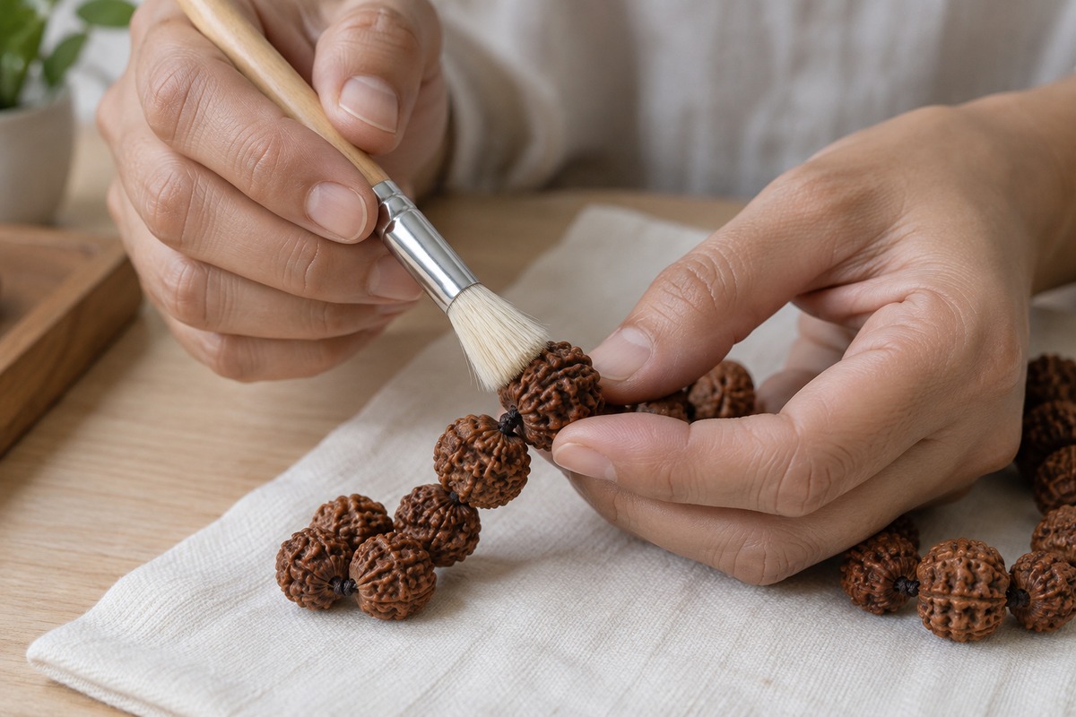 Clean hands lightly dust a Rudraksha bead with a soft dry brush over a cloth.