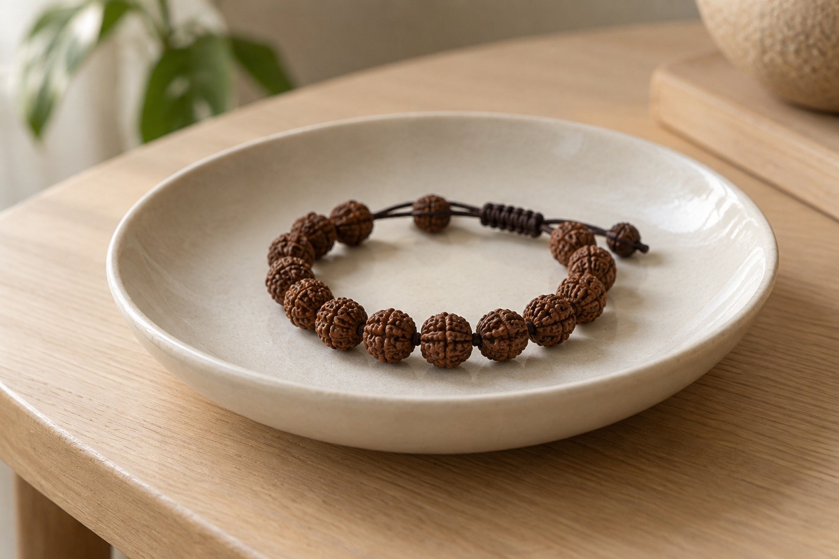 Rudraksha bracelet resting by itself in a shallow ivory ceramic dish.