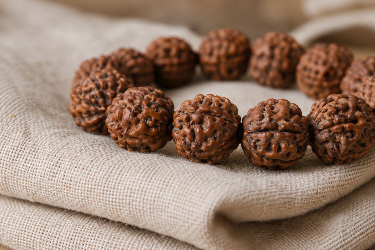 Chestnut-brown Rudraksha beads with softly lustrous raised contours on folded linen.