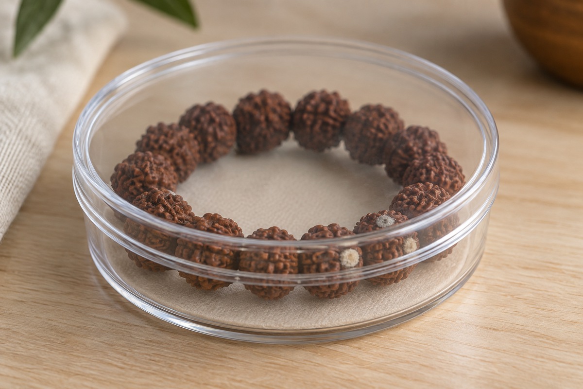 Brown Rudraksha beads with small pale surface patches seen through a closed clear container.