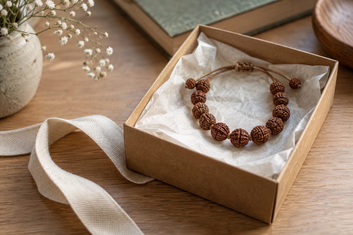 A simple Rudraksha bracelet in a kraft gift box lined with ivory tissue.