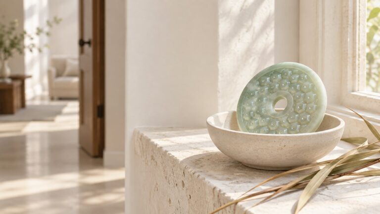 Puwen-inspired jade disc in an ivory bowl beside dried leaves on a softly lit windowsill