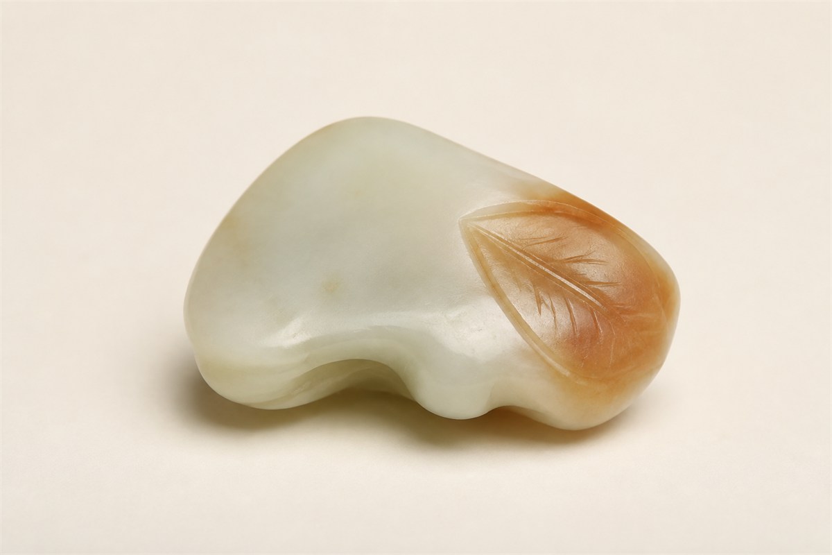 A russet leaf carved in shallow relief on pale stone.