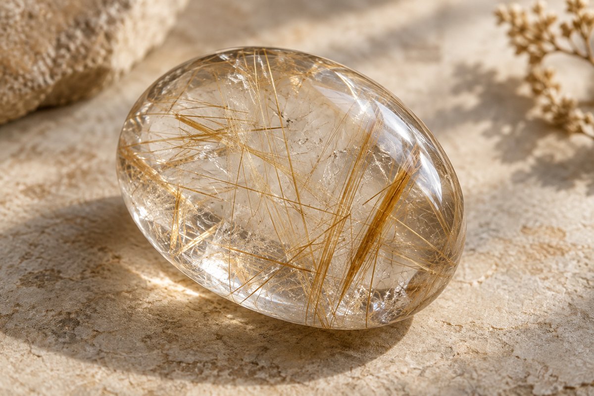 Golden needle-like inclusions visible inside a clear quartz cabochon