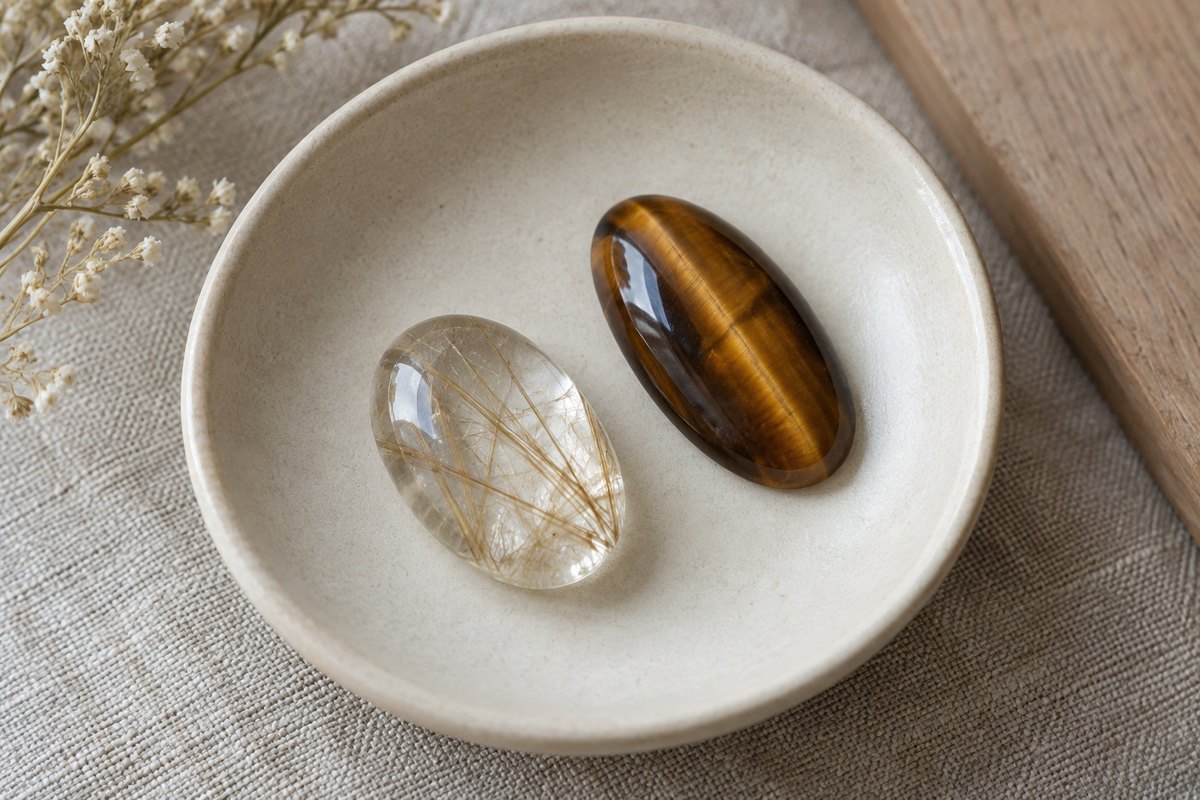 A clear rutilated quartz cabochon with fine golden needles beside a brown tiger’s eye cabochon.