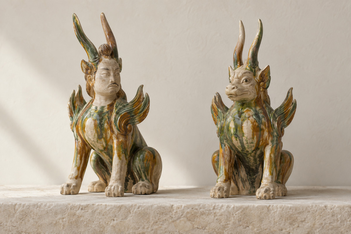 Crouching human-faced and animal-faced guardians in green and amber glaze